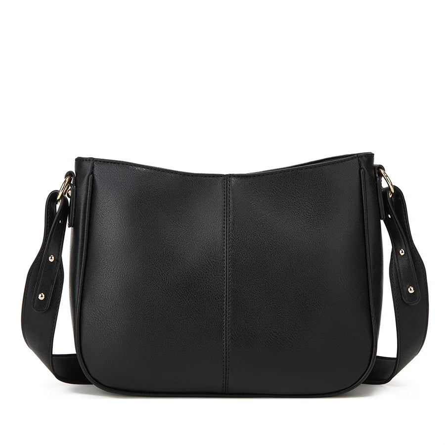Sac à main en cuir PU noir avec fermeture à rabat et sangle ajustable, vu de face.