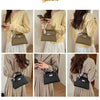 A series of photos showing a beige PU leather crossbody clutch bag being held by a woman.
