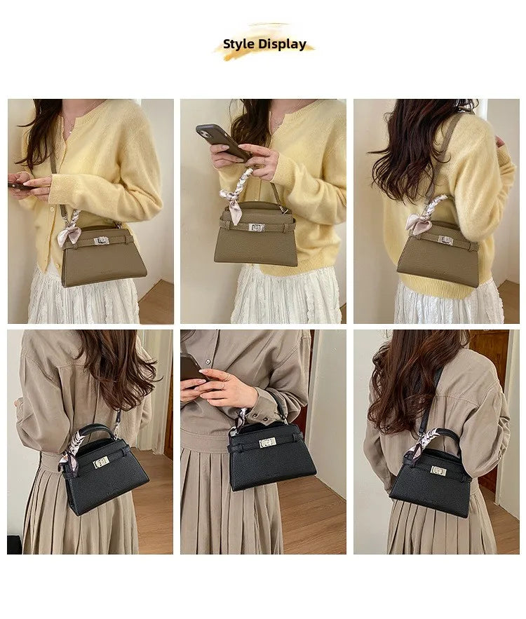 A series of photos showing a beige PU leather crossbody clutch bag being held by a woman.