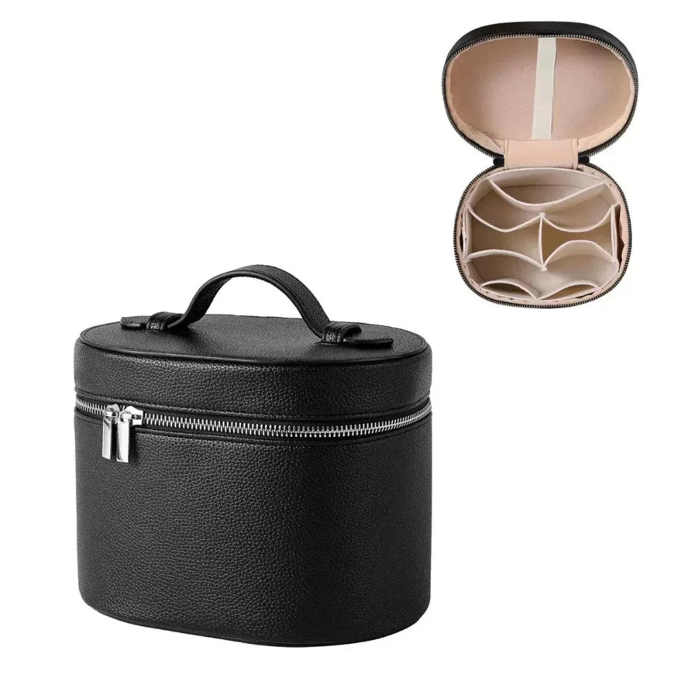 Black travel makeup organizer case with a zipper closure and an open lid showing compartments