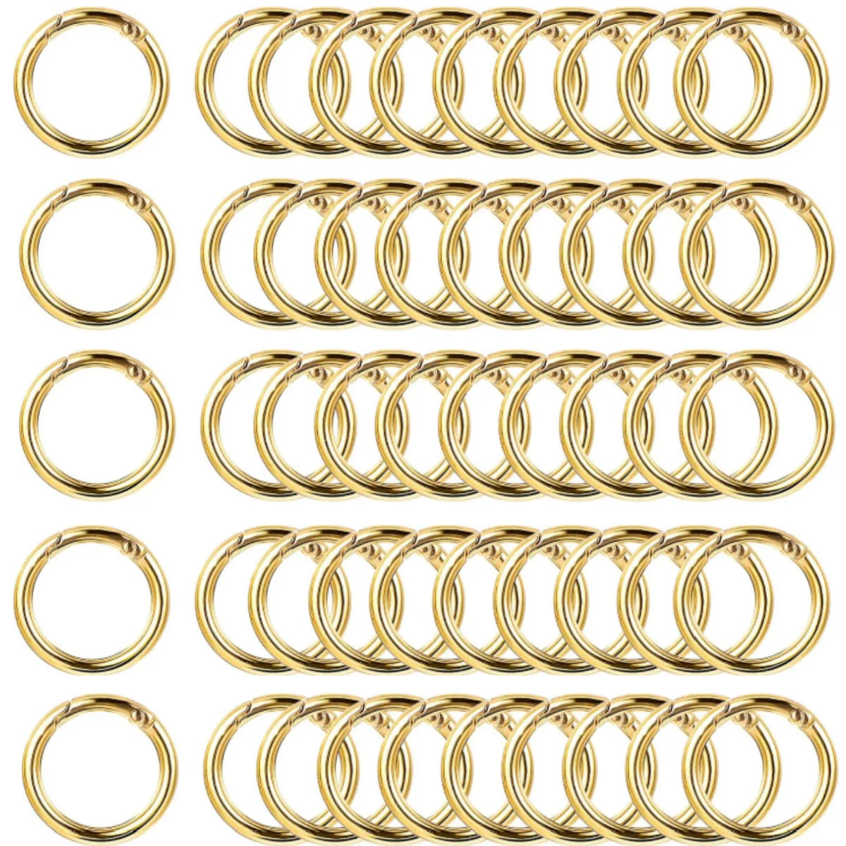 A collection of stainless steel spring clasp keychain rings in various sizes and finishes.