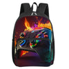 A black backpack featuring a vibrant, fiery graphic of a video game controller on the front pocket.