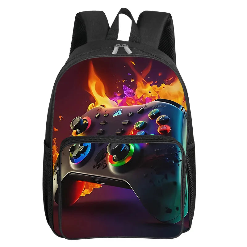 A black backpack featuring a vibrant, fiery graphic of a video game controller on the front pocket.