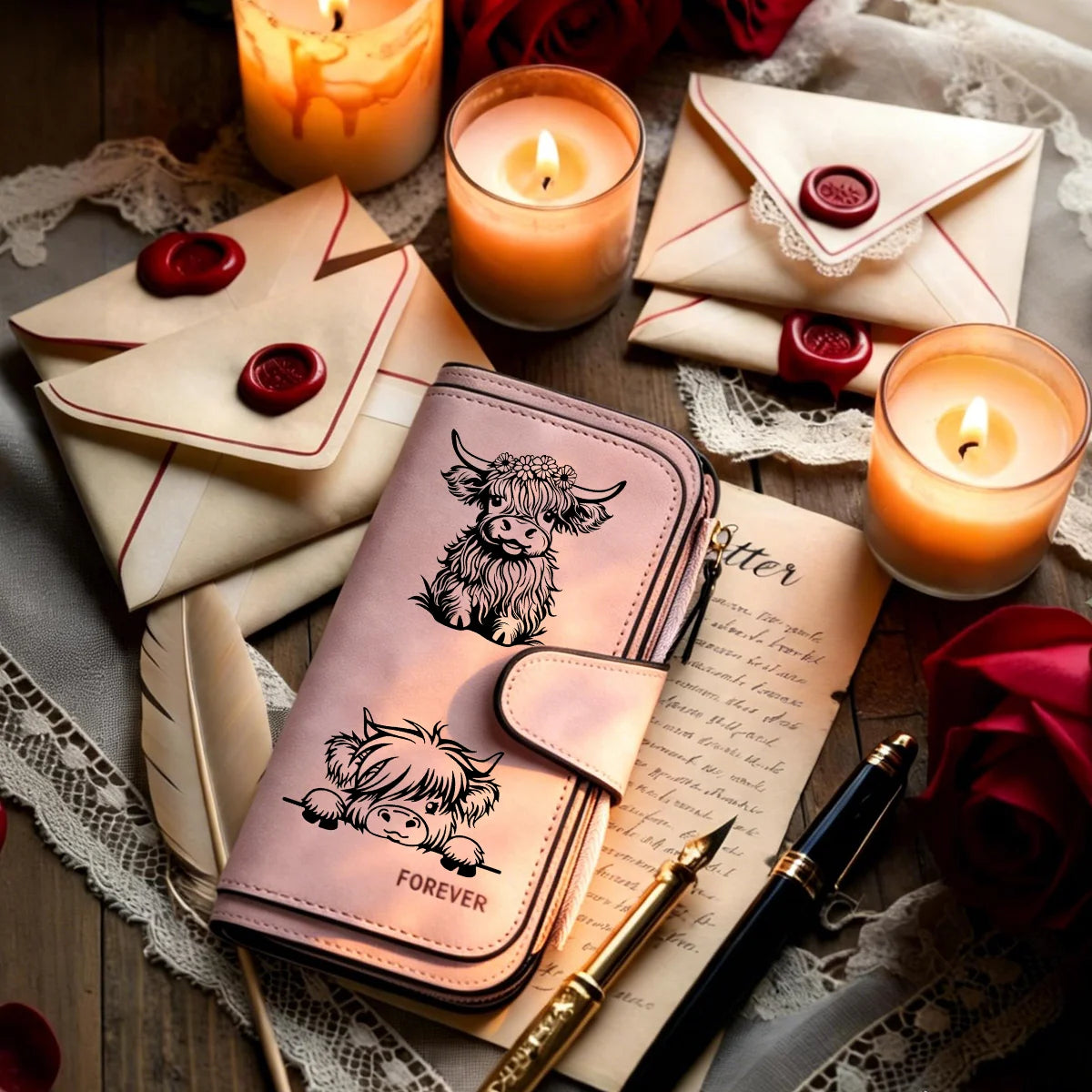 Cartera de cuero sintético rosa para vaca con cierre de cremallera sobre una superficie de madera rodeada de velas y tela.