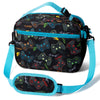 Bolsa térmica negra con correa verde azulada y gráficos de varios controles de juego.