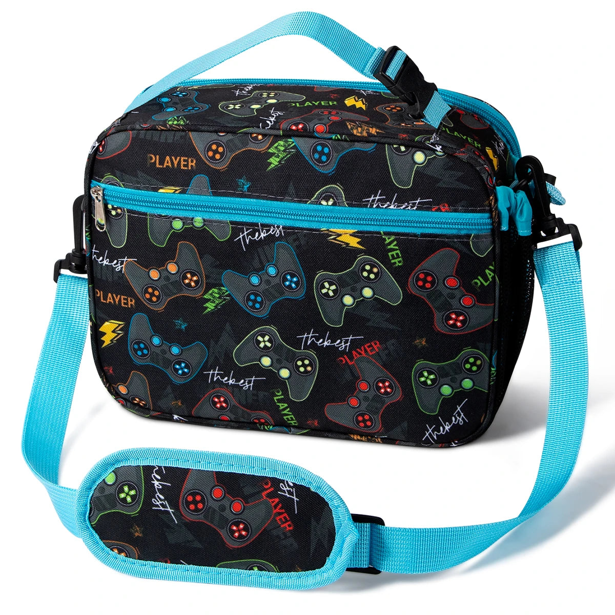 Bolsa térmica negra con correa verde azulada y gráficos de varios controles de juego.
