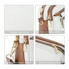 A white and brown PU leather crossbody bag featuring gold-colored hardware, a removable metal buckle, and a smooth zipper.