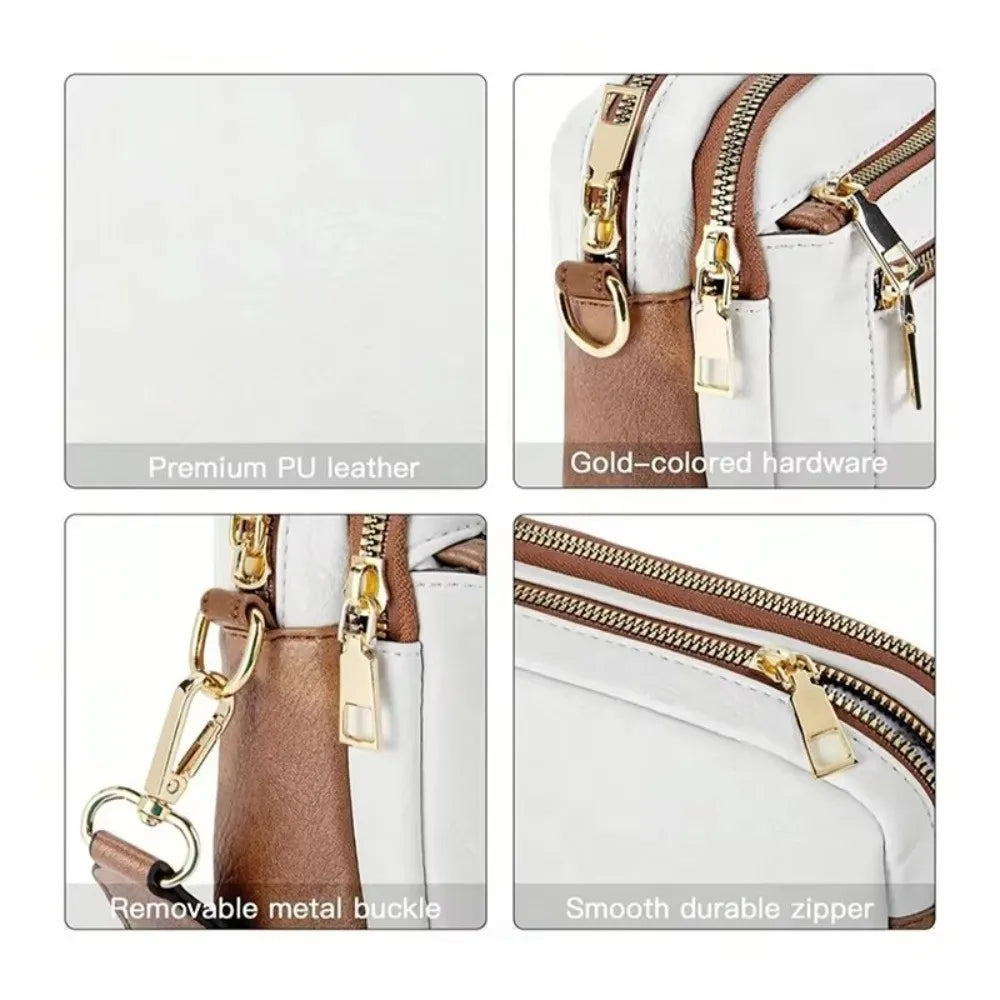 A white and brown PU leather crossbody bag featuring gold-colored hardware, a removable metal buckle, and a smooth zipper.