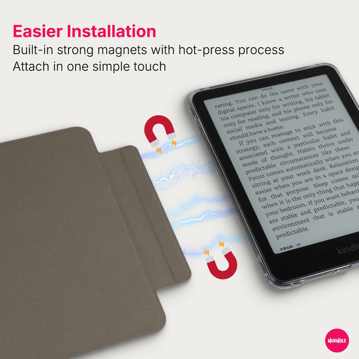 A close-up of a brown magnetic detachable cover for a Kindle device, highlighting easier installation.