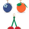 Red cherry fruit shape coin purse keychain with green strap and silver hardware