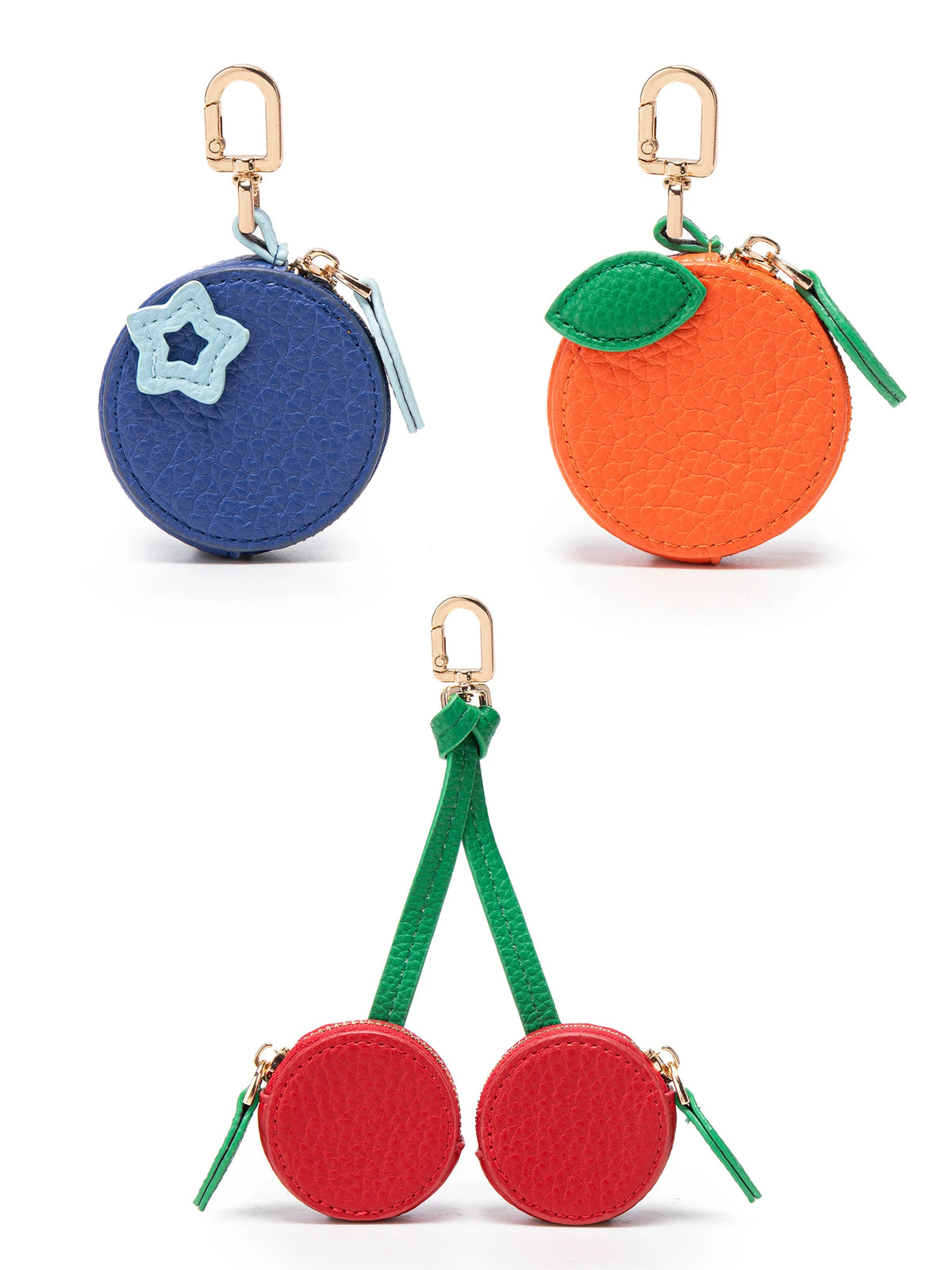 Red cherry fruit shape coin purse keychain with green strap and silver hardware