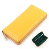 A yellow genuine leather zipper wallet shown open and closed, with a close-up view of the interior.
