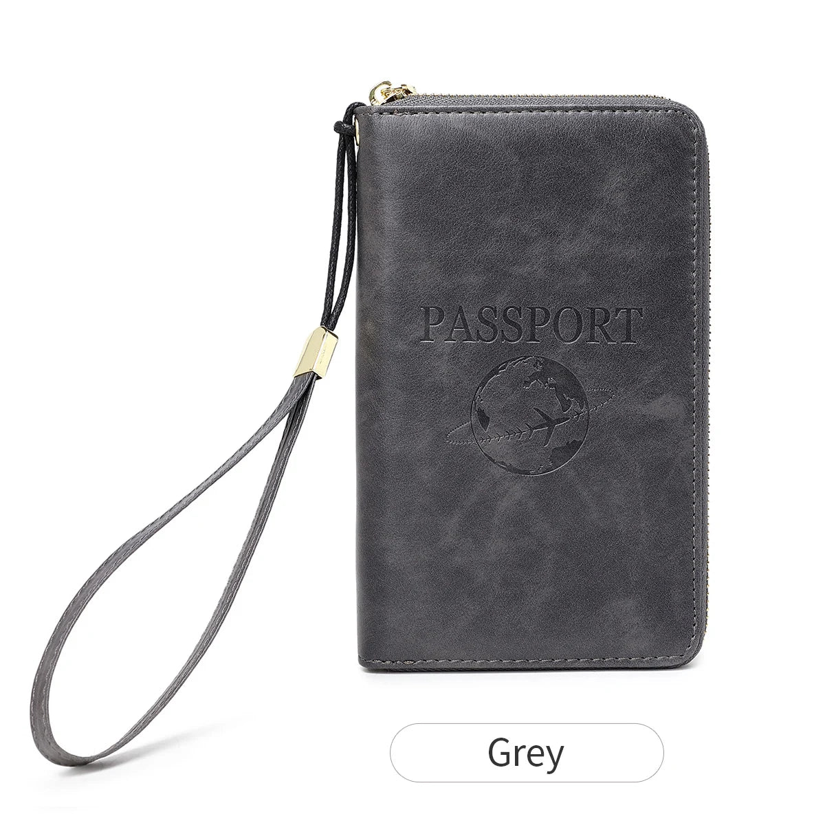 A dark grey leather passport holder with a gold clasp and a black strap.