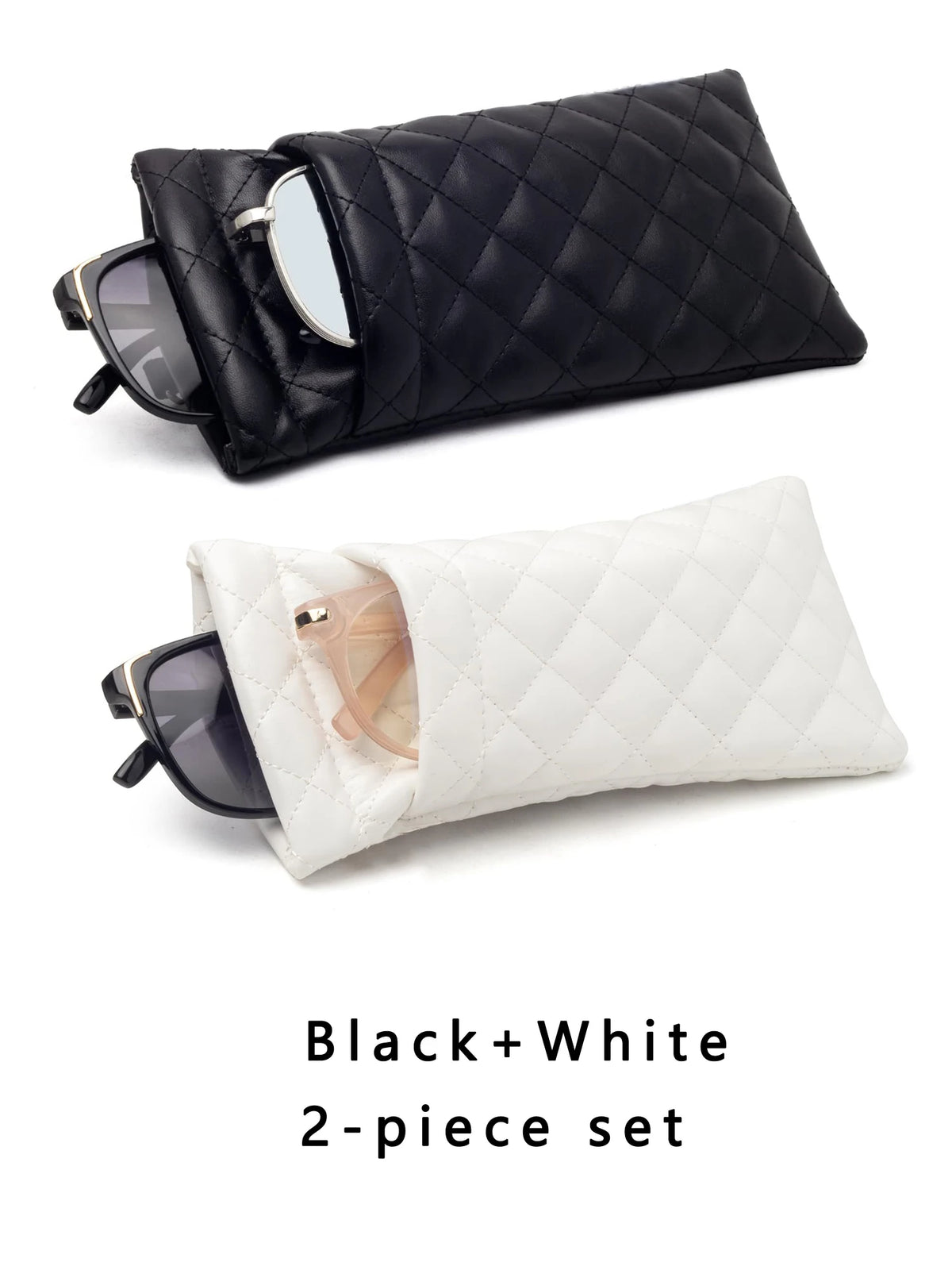 A black and white 2-piece set featuring an elegant PU leather glasses case and a protective storage bag.
