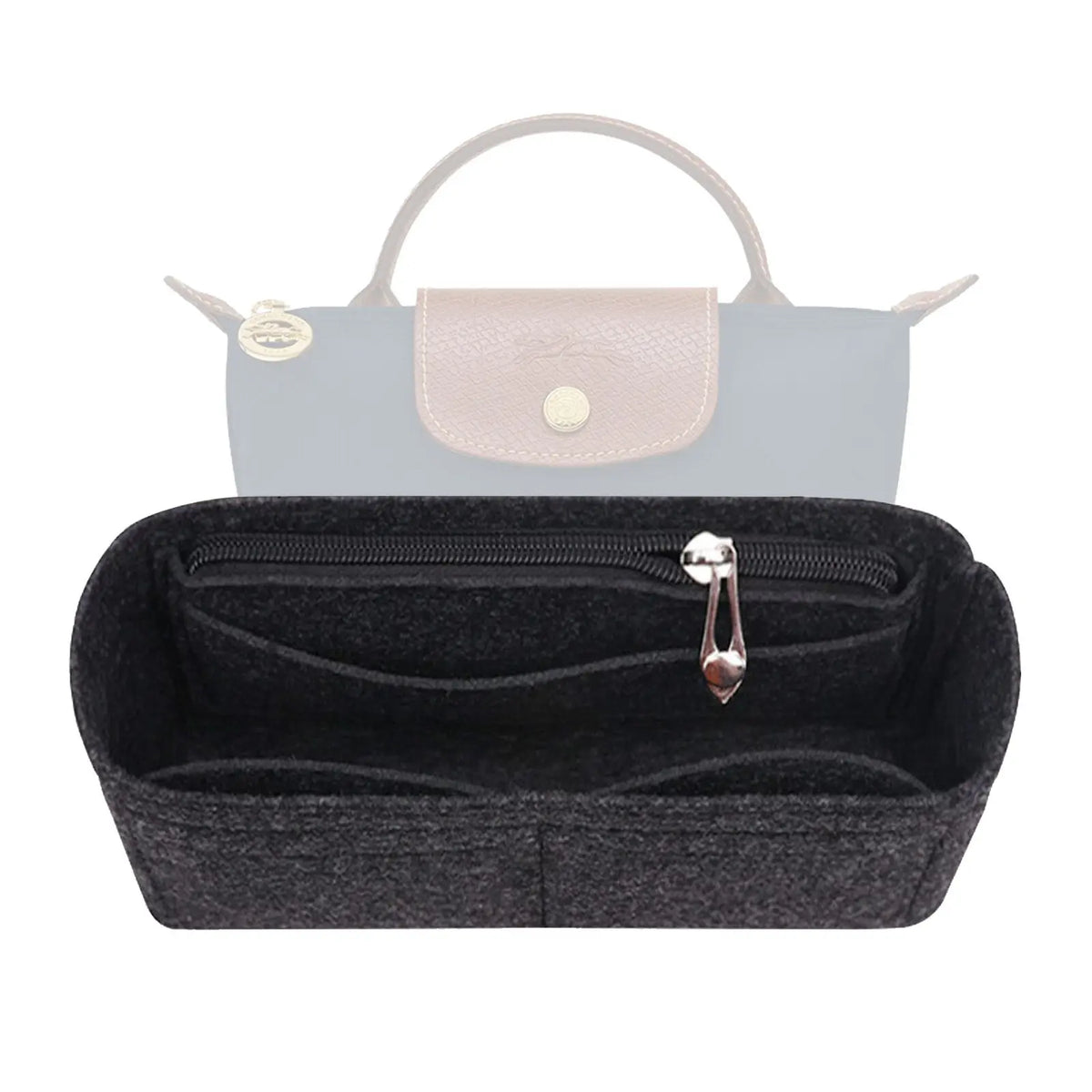 A black felt organizer insert for handbags with a silver clasp.