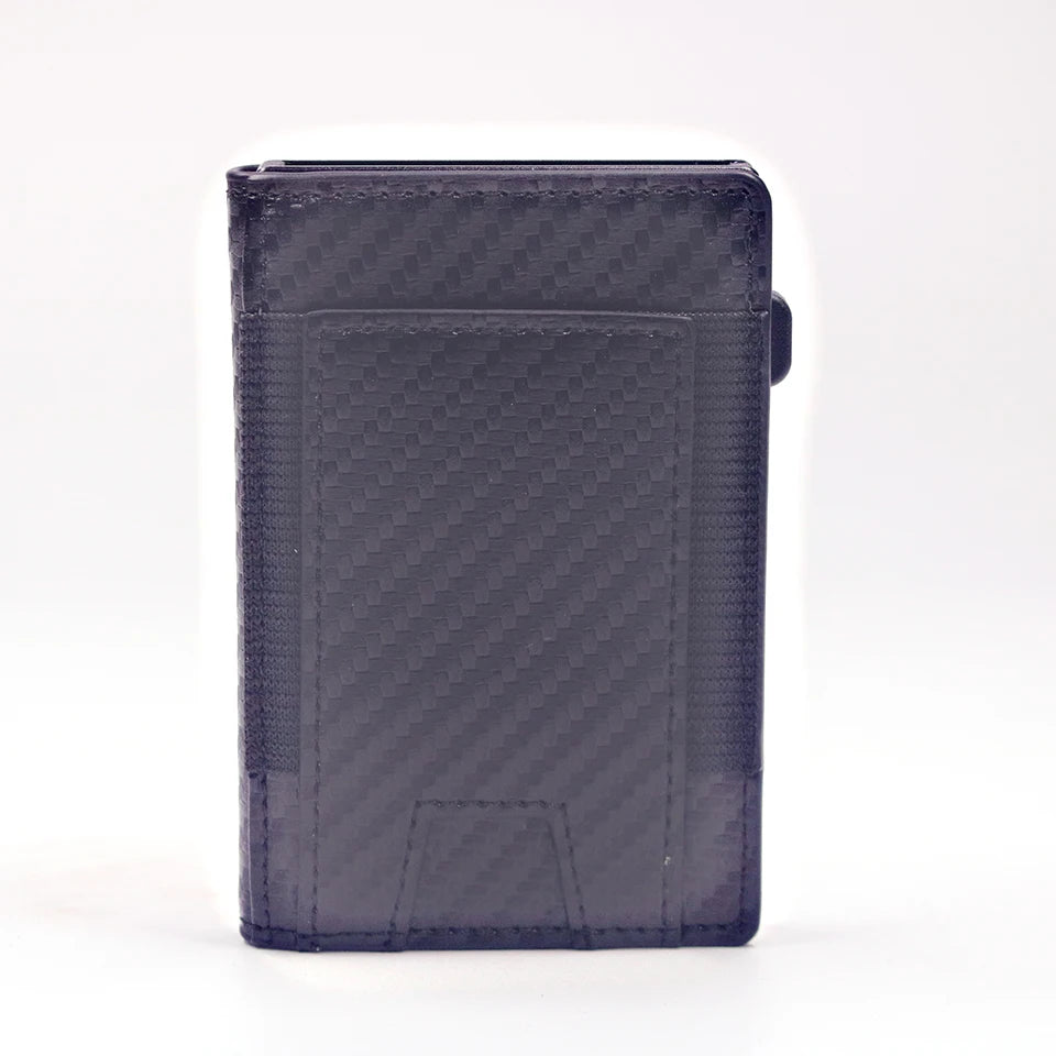 A dark blue slim aluminum RFID blocking wallet for men shown against a white background.