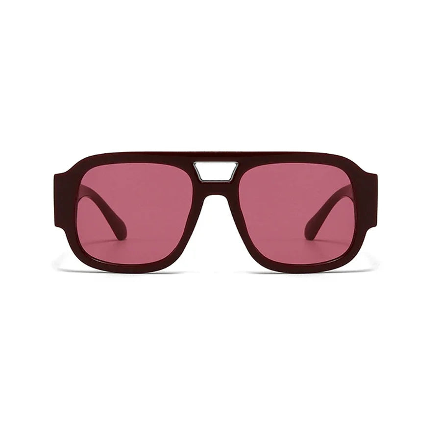 A pair of oversized square sunglasses with a dark maroon frame and pinkish-red lenses.