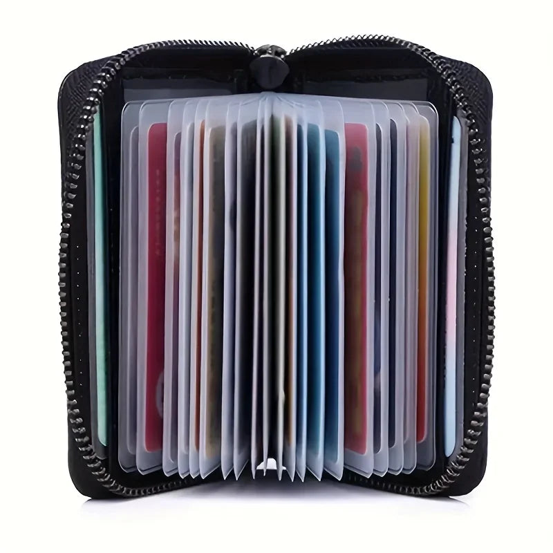 Black zippered pouch containing multiple cards and identification documents.