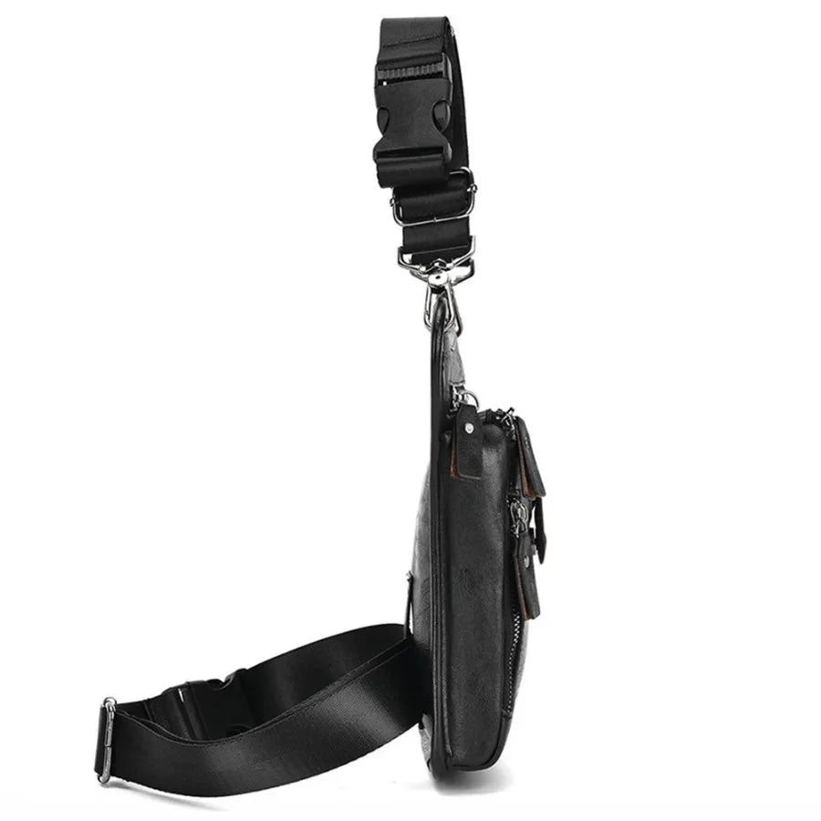 Black multi-purpose PU waist pack bag with a strap and zipper visible.