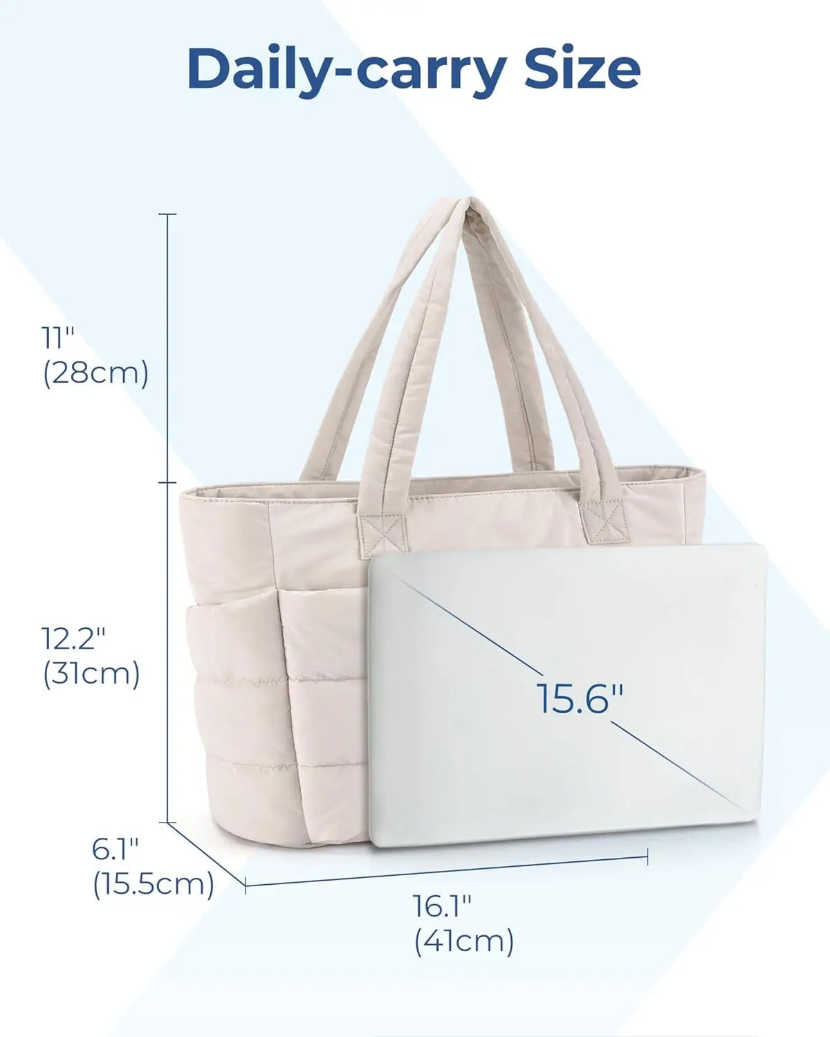 A beige daily-carry tote bag with padded straps and a white laptop sleeve shown in a side view.