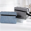 A gray and blue fabric toiletry bag set with black trim resting on a white surface.