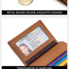A brown leather wallet with a gold round design, transparent ID windows, and a zipper pocket detail.