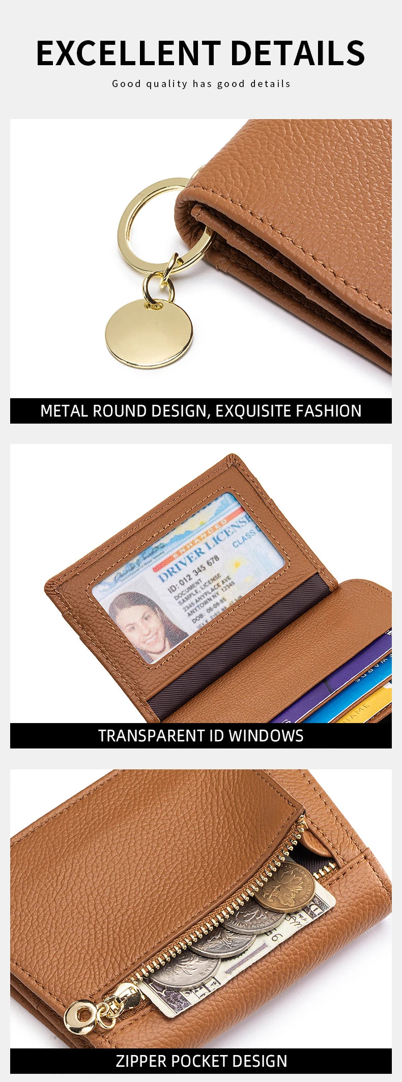 A brown leather wallet with a gold round design, transparent ID windows, and a zipper pocket detail.
