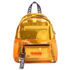 A yellow clear capacity backpack with orange accents and a black strap.