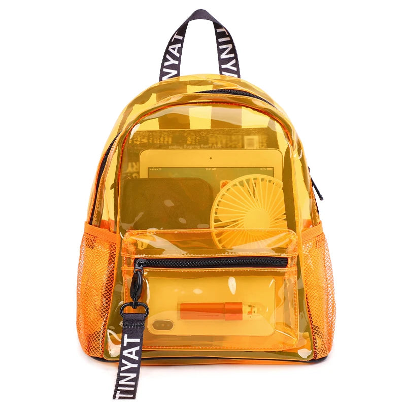 A yellow clear capacity backpack with orange accents and a black strap.