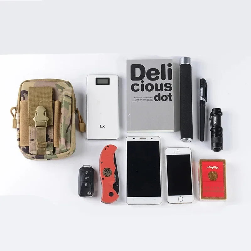 A collection of tactical gear including a MOLLE pouch, a cell phone, a knife, and several smartphones.