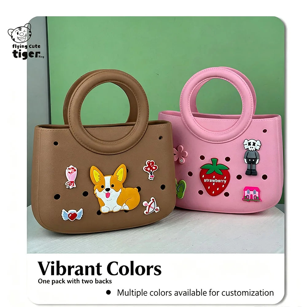A pair of round PVC bags in brown and pink colors with cute animal designs