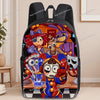 A black backpack featuring an anime-style print of characters in vibrant colors.