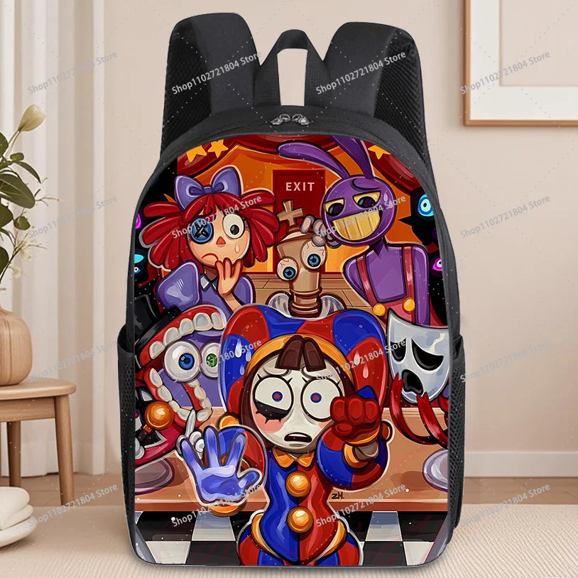A black backpack featuring an anime-style print of characters in vibrant colors.