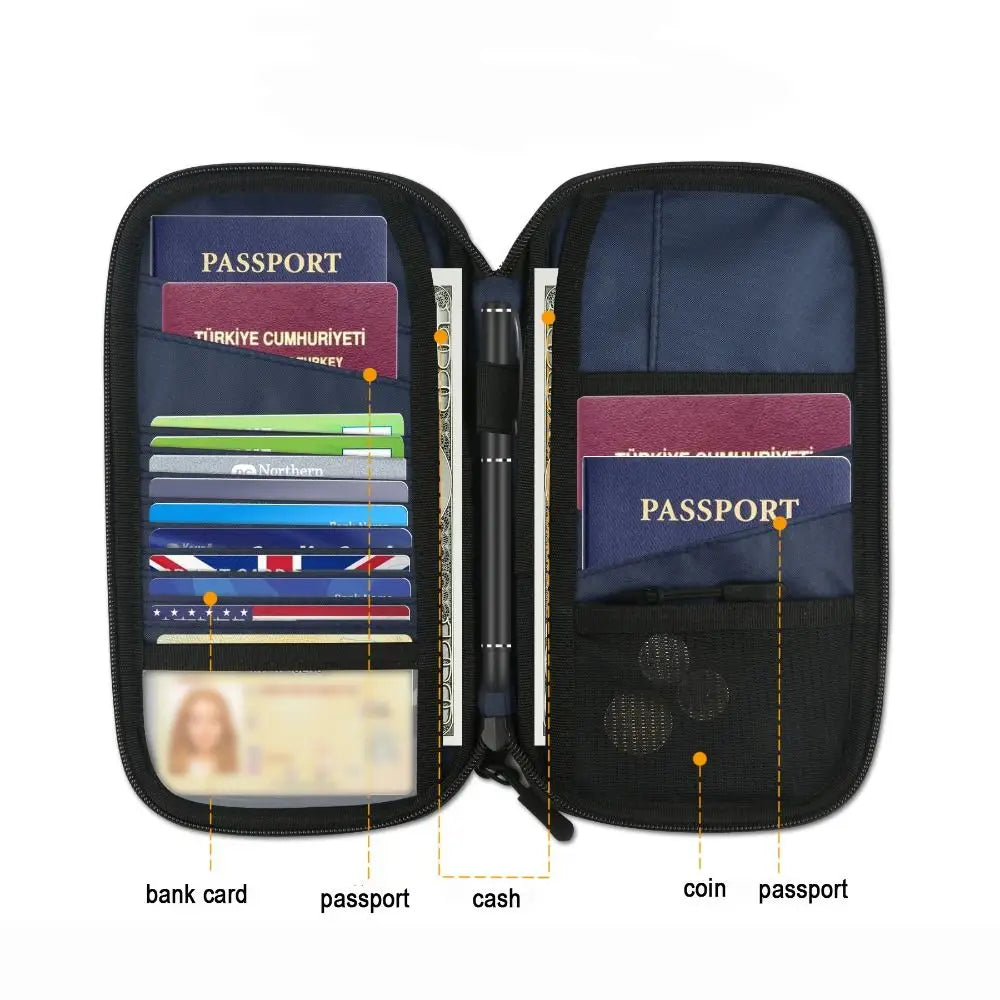 Black passport holder organizer displaying slots for bank cards, cash, and passports