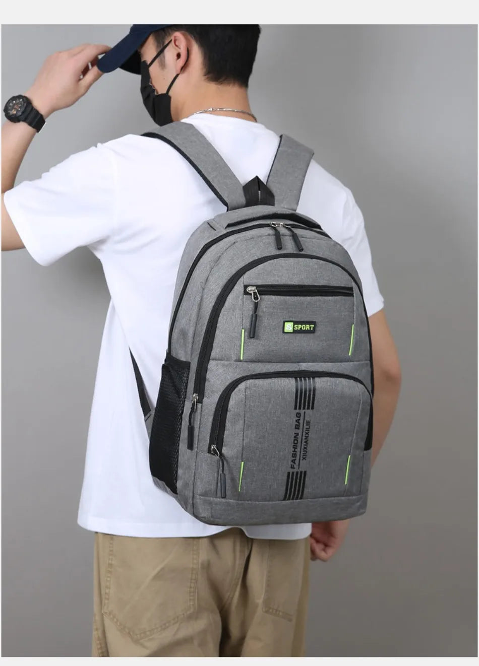 A man wearing a white t-shirt and khaki pants is shown carrying a gray lightweight commuter backpack.