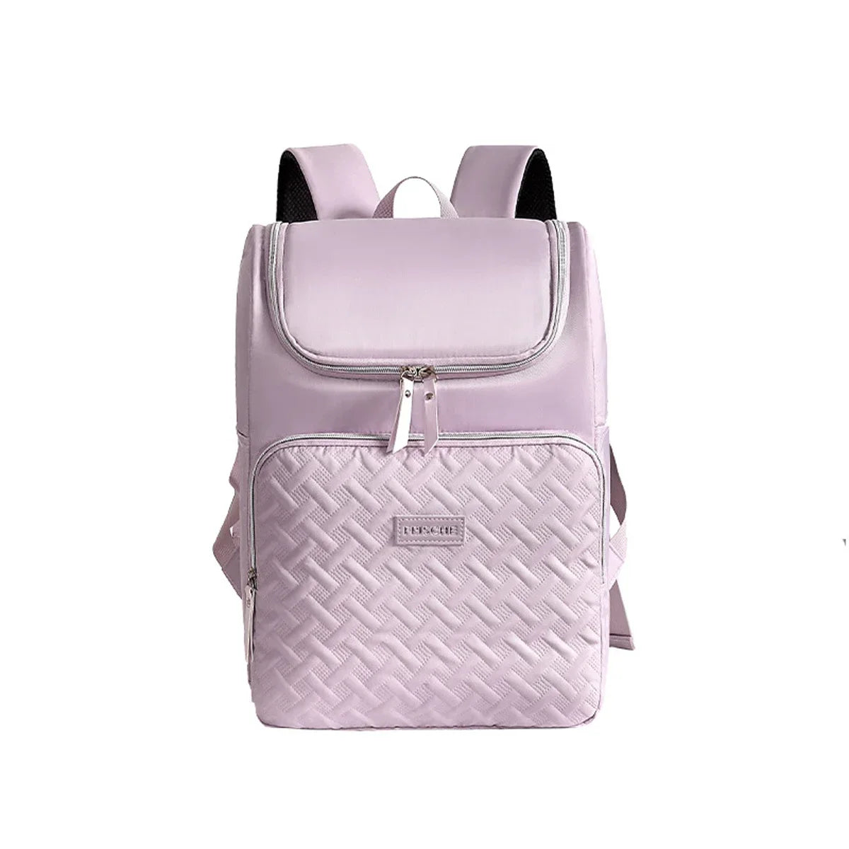 A light purple insulated travel backpack with black accents and a quilted texture.