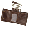 A brown genuine leather trifold wallet with a detachable chain is shown open.
