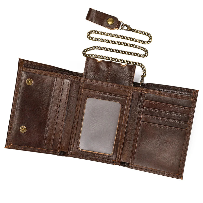 A brown genuine leather trifold wallet with a detachable chain is shown open.
