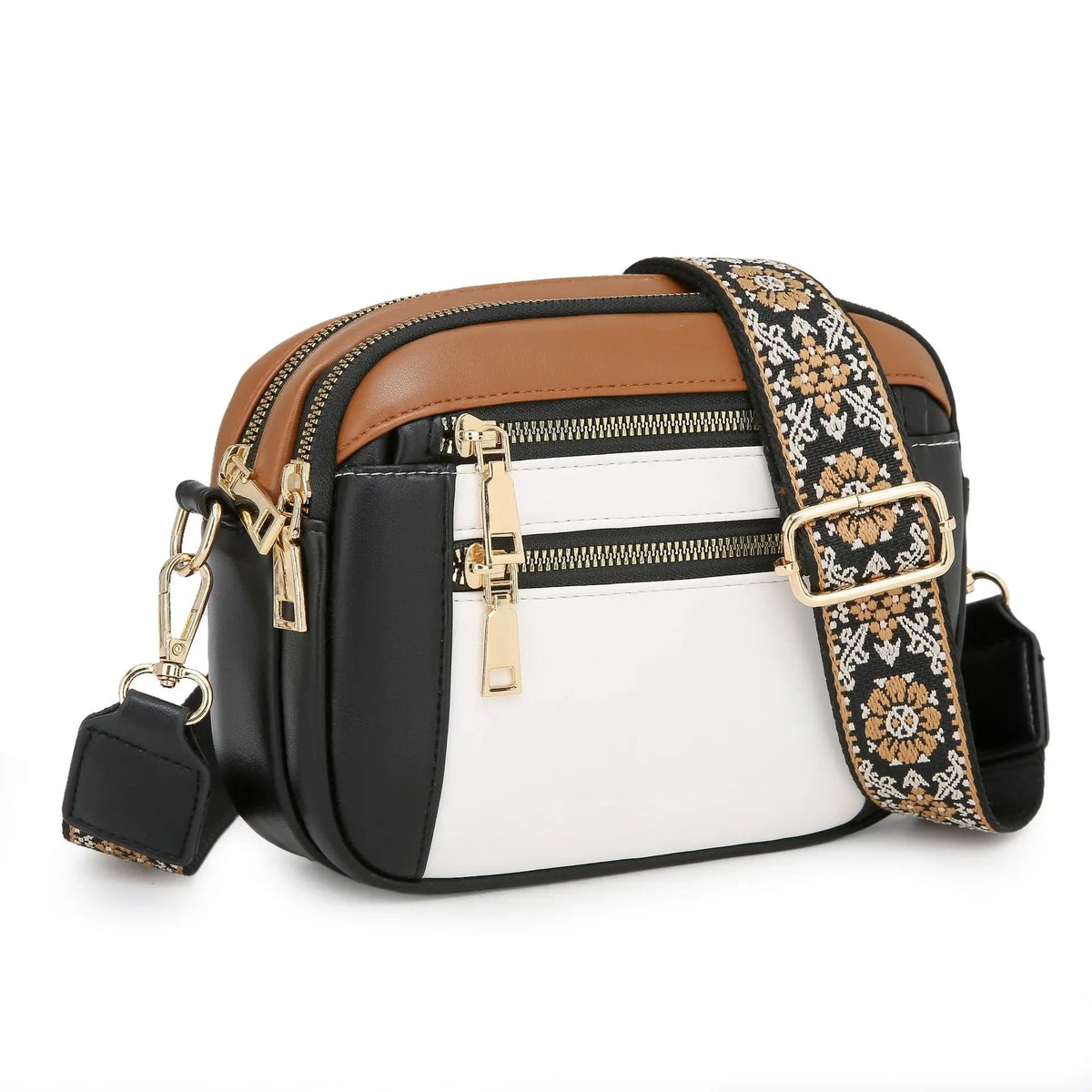 A brown and black PU leather crossbody bag with multiple zippered pockets and a patterned strap.