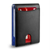 Black slim bifold men's wallet with RFID protection showing a red card inside