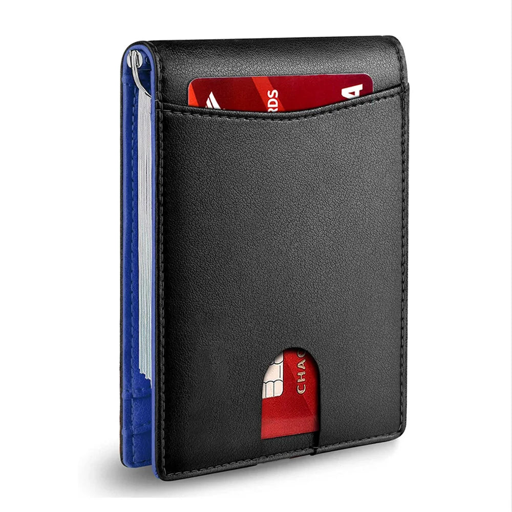 Black slim bifold men's wallet with RFID protection showing a red card inside