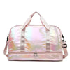 A pink iridescent nylon travel bag with handles is shown against a white background.