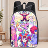 A black backpack featuring colorful anime characters, including a purple rabbit and a pink-haired girl.