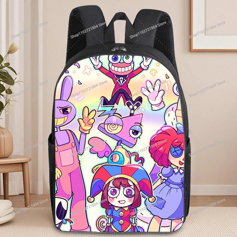 A black backpack featuring colorful anime characters, including a purple rabbit and a pink-haired girl.