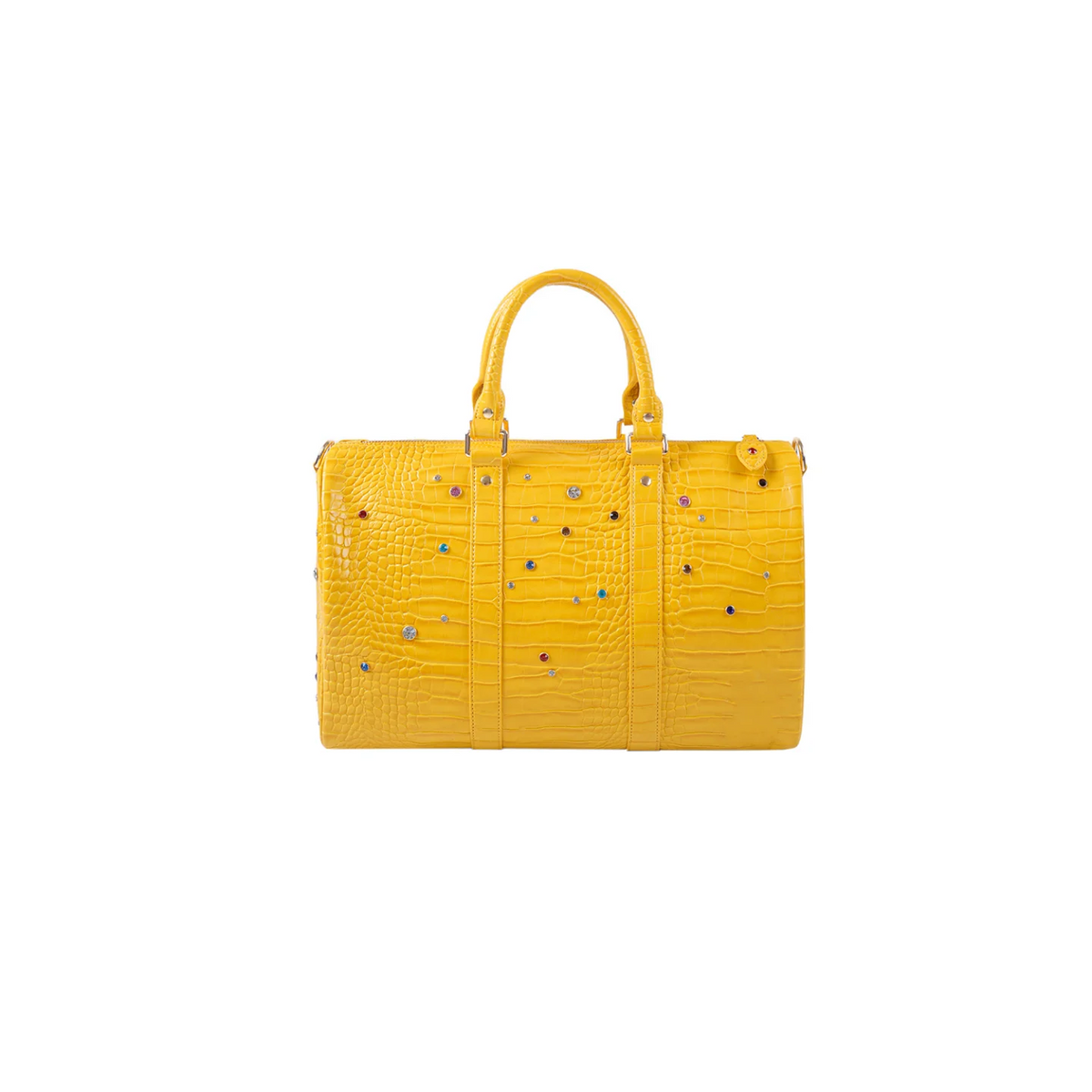 A bright yellow faux crocodile leather tote bag with crystal accents.