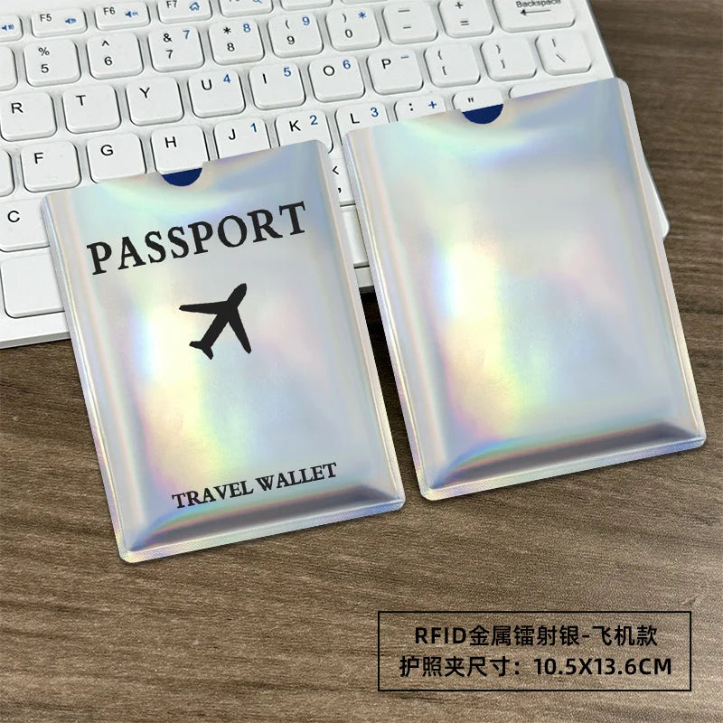 Two iridescent RFID blocking card sleeves labeled Passport and Travel Wallet placed on a wooden desk.