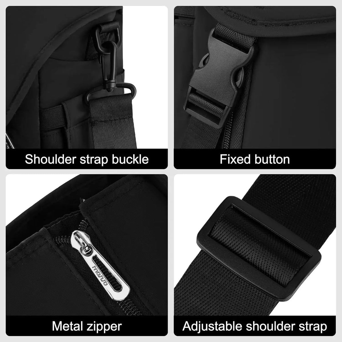 Gros plan d'une housse pour ordinateur portable noire avec boucle de sangle, bouton fixe, fermeture éclair métallique et sang