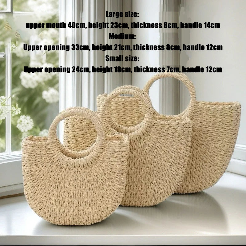 Three handwoven rattan beach bags of varying sizes and styles displayed on a white surface.