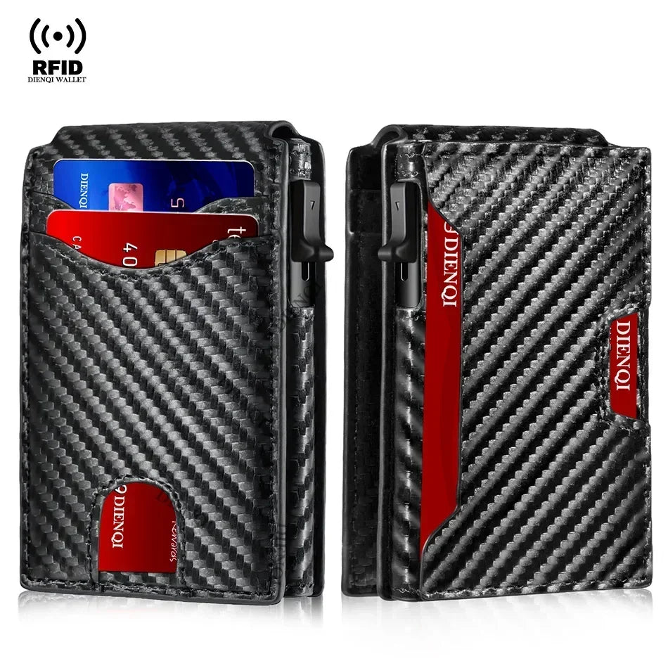 A black carbon fiber slim RFID protection wallet with a red interior card slot.