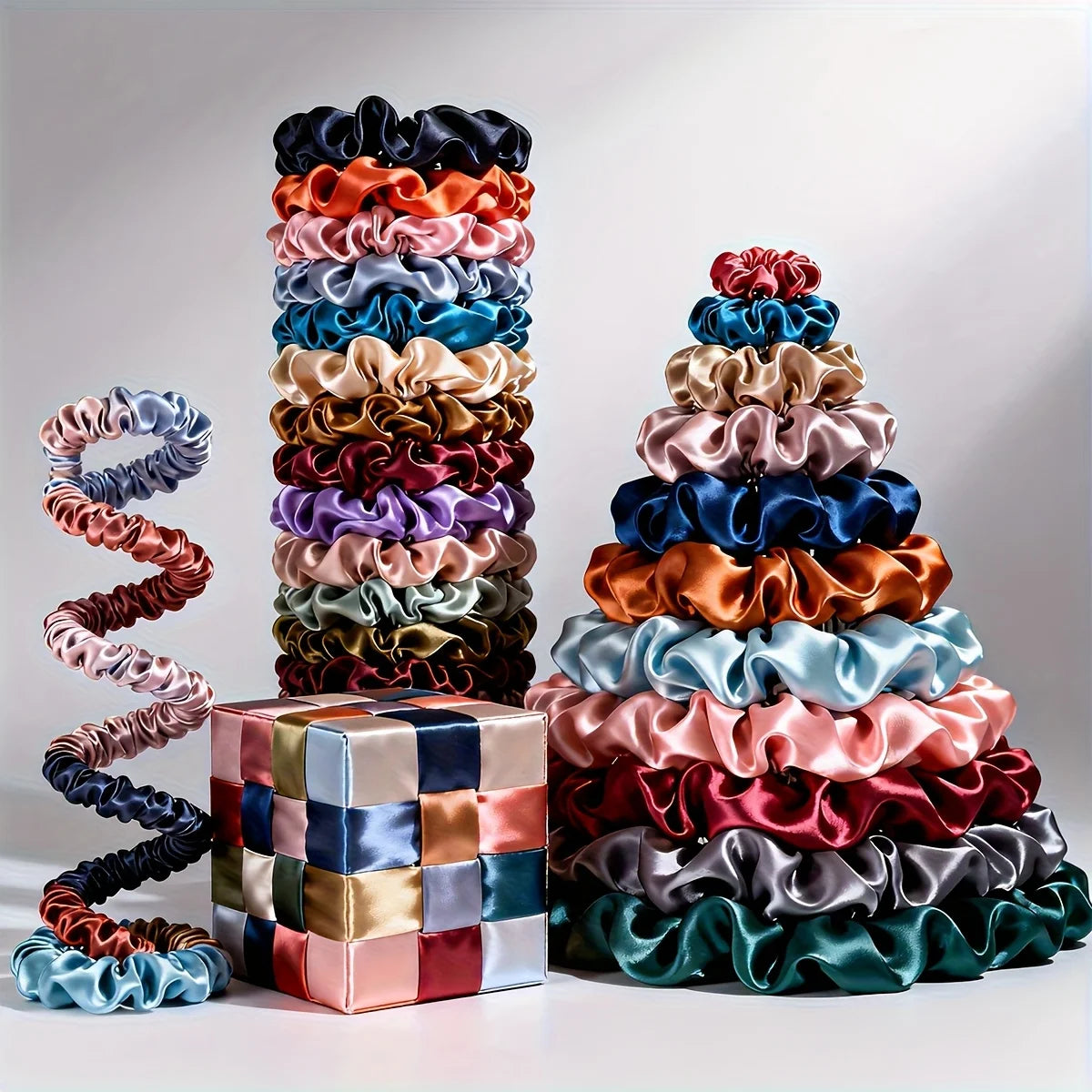 A display of 19 thin scrunchies hair ties in a colorful, tiered pyramid arrangement.